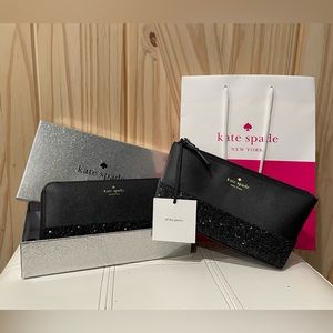 NWT Kate Spade Great Court Glitter Neda Large Wallet And Little Shiloh Set Black
